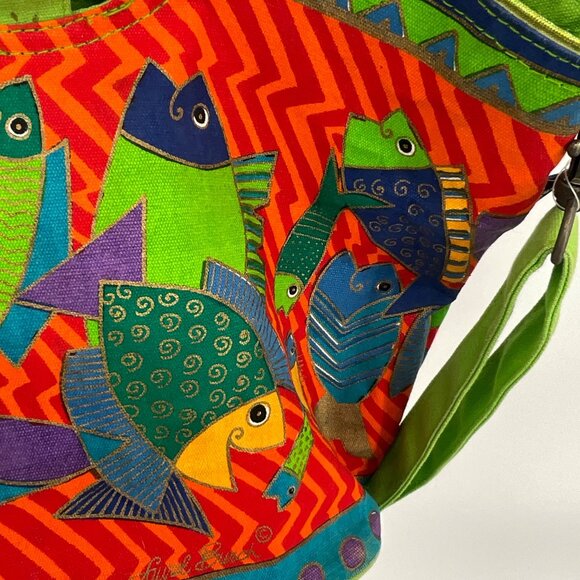 Laurel Burch Fish Print Canvas Handbag With Bamboo Handles & Detachable Strap - Picture 7 of 13